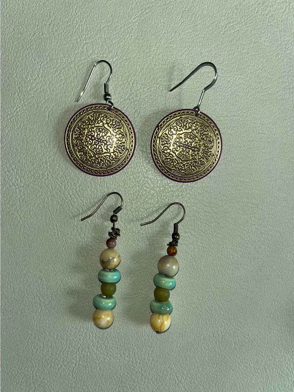 Handmade Gold-Tone Medallion and Beaded Drop Earring Set